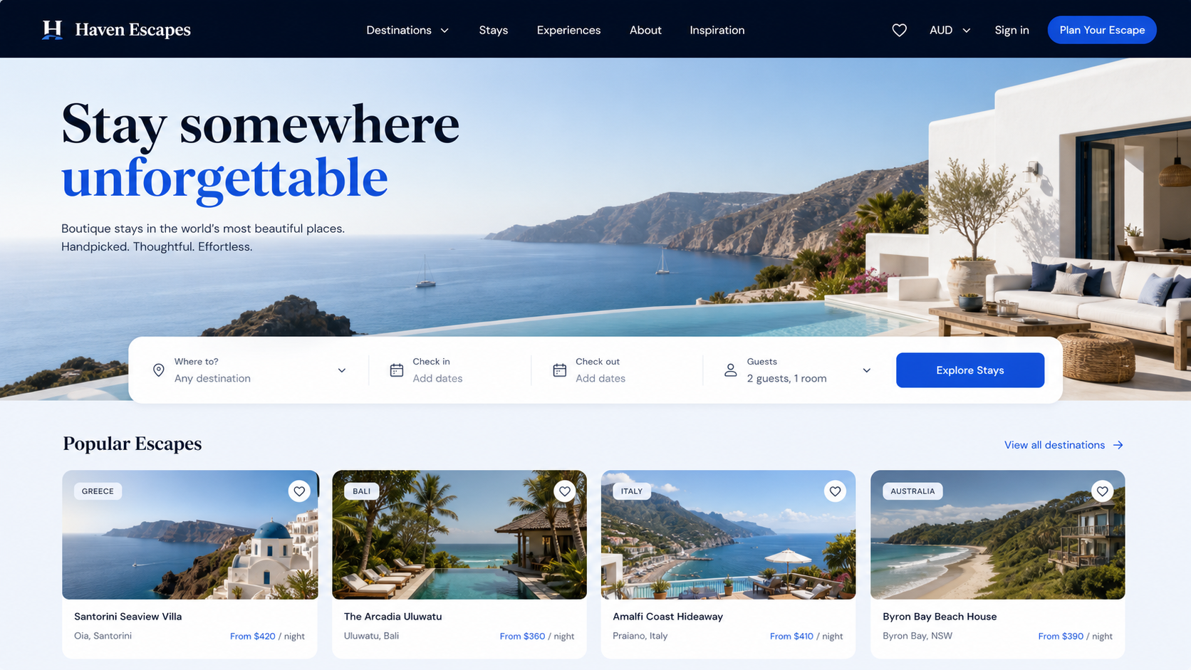 Haven Escapes travel booking website interface